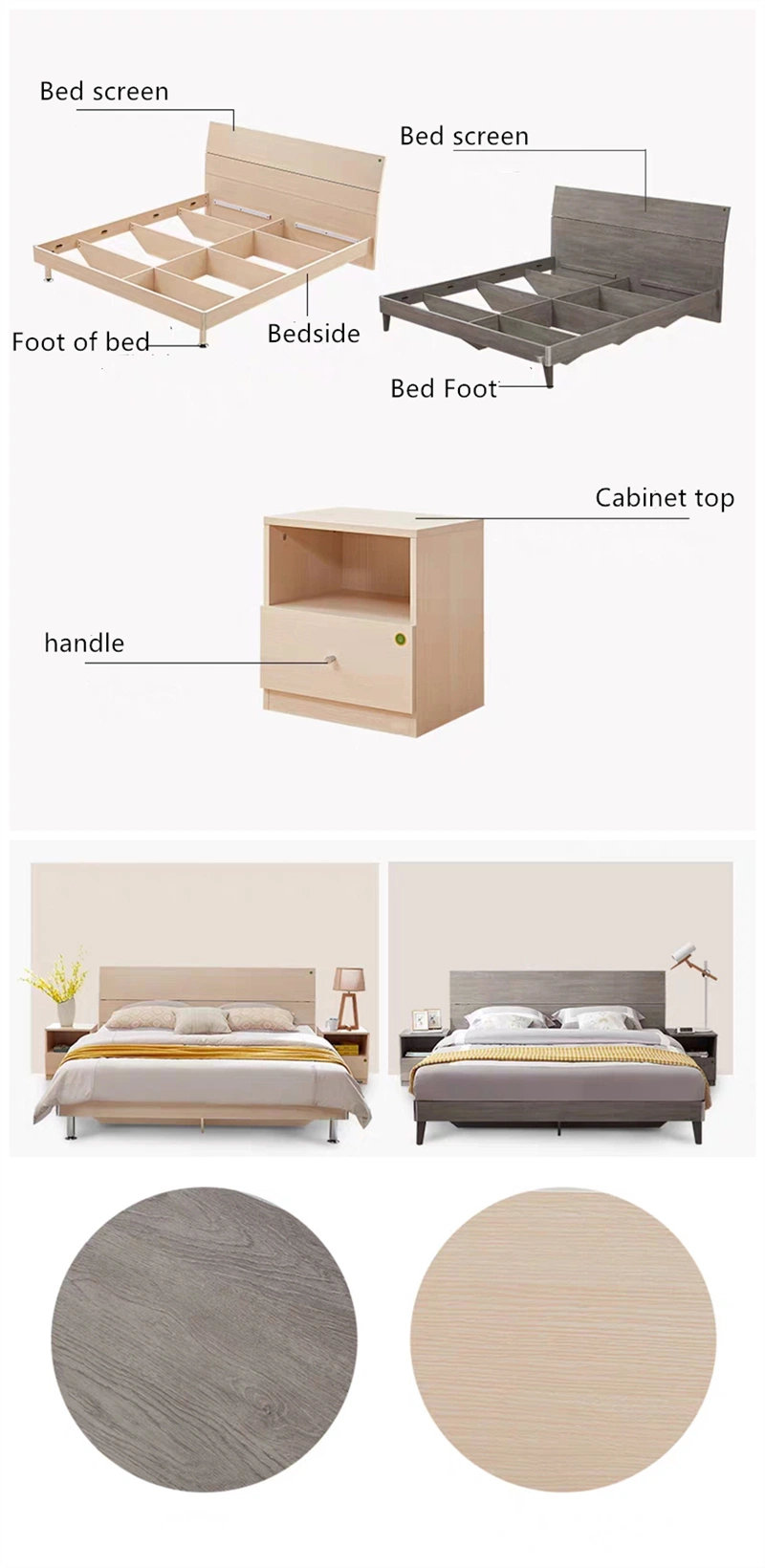 Modern Wooden Home Hotel Bedroom Furniture Set Mattress Leather Round Loft Double Metal Bed Frame with Drawer Cabinet