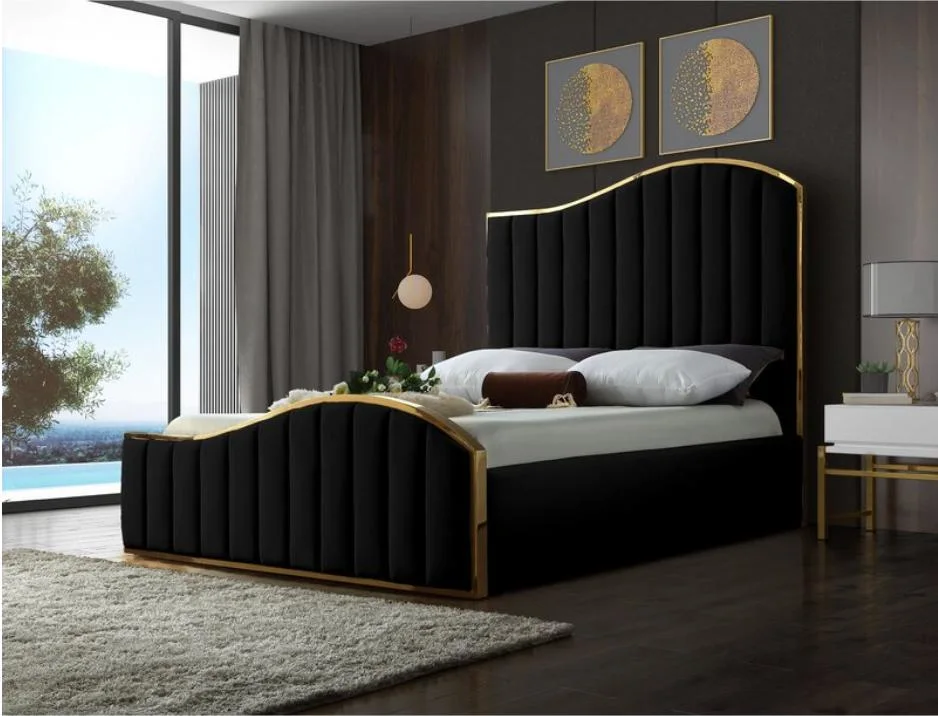 Black Luxury King Size Bed Frame with Storage Blue Velvet Fabric Set King Size Double Soft Bed