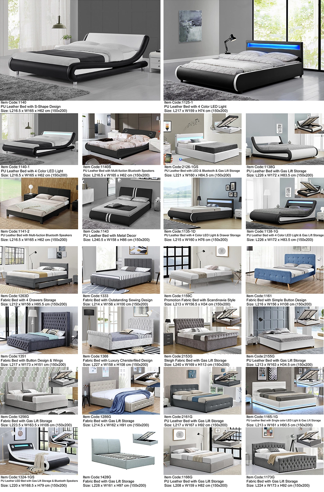 Willsoon Furniture 1398g New Store PU Leather Double/Queen/King Size Gas Lift Storage Bed Frame with Button Design